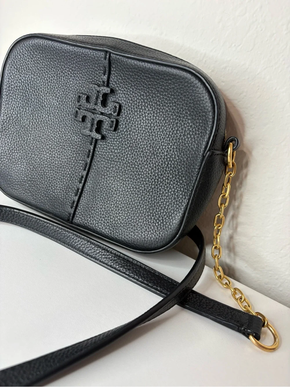 Tory Burch Black Pebbled Leather McGraw Camera Crossbody Bag gold hardware